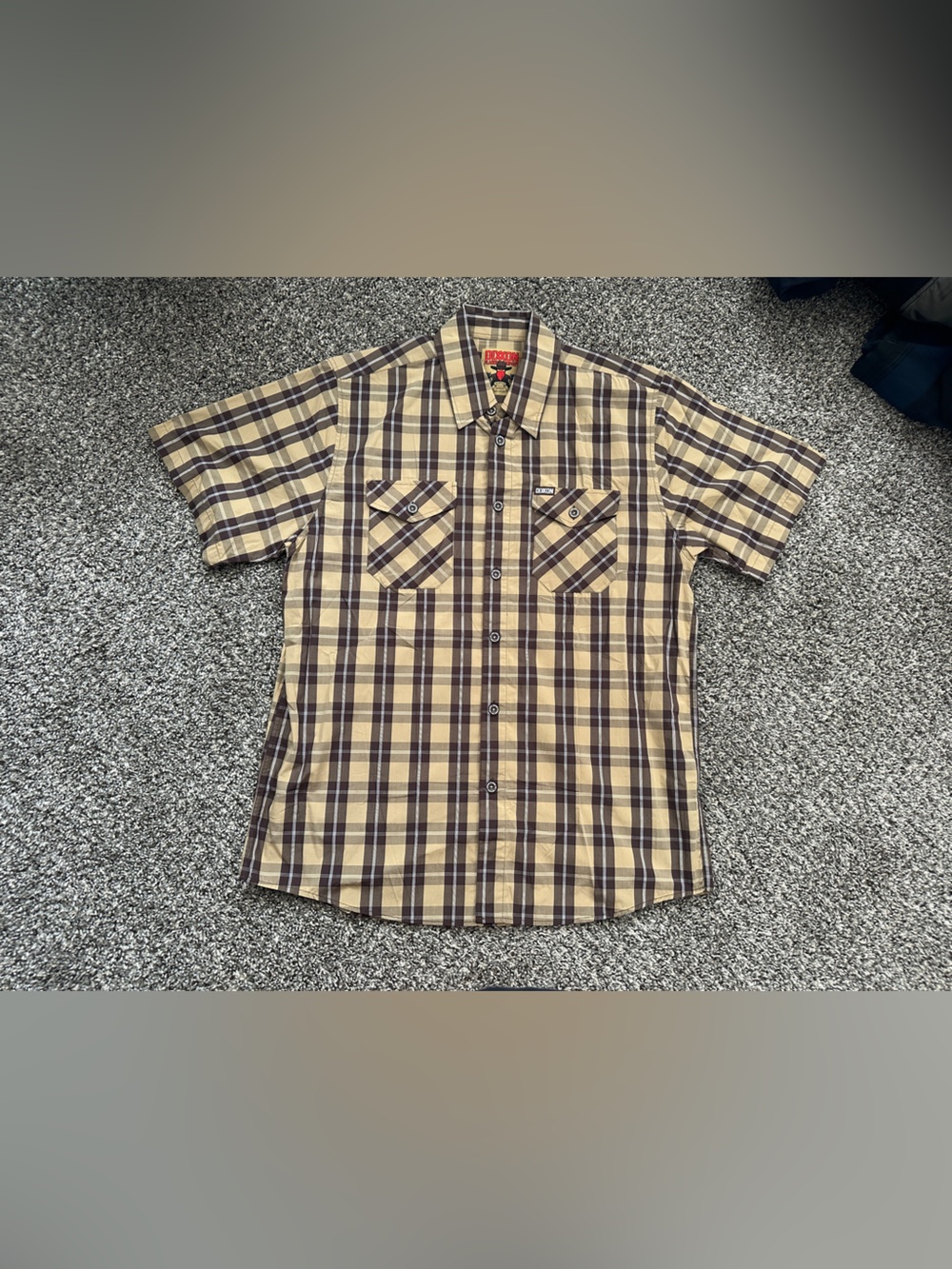 Dixxon Men’s Button Down Short Sleeve THE RUSTLER Sz Large Plaid Khaki & Brown